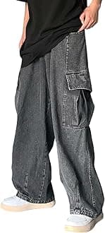 FaonkeewBaggy Jeans Men's Straight Leg Jeans Y2k Teenager Boy Streetwear Skateboard Trousers Fashion Oversized Pockets Cargo Denim Trousers Hip Hop Trousers with Wide Leg