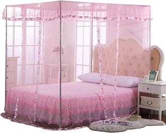 Pink Canopy Netting for Bed - 4 Corner Canopy for Beds, Canopy Bed Curtains, Bed Canopy for Girls Adults, Bedroom Decor (Full Size, Pink)