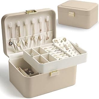 KAMIER Jewelry Organizer Box – 2 Layers with Removable Dividers, Luxury PU Leather & Soft Velvet Lining, Large Capacity for Earrings, Bracelets, Rings & Necklaces, Elegant Gift Box Packaging, Beige