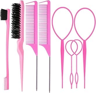 8Pcs Hair Brushes Set with 4Pcs Topsy Hair Tail Tools 1Pcs Bristle Teasing Hair Brush 1Pcs Edge Control Brush 2Pcs Metal Pin Rat Tail Combs for Woman Girl hair Styling,Edge&Back Brushing,Pink