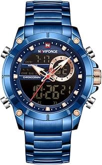 NAVIFORCE Luxury Stainless Steel Analog Digital Watch Waterproof Sports Quartz Multifunctional Wristwatch with Stopwatch Alarm LED Backlight