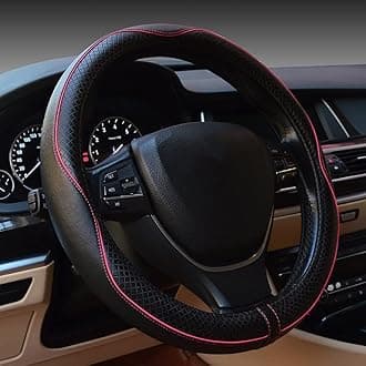Car Steering Wheel Cover, Anti-Slip, Safety, Soft, Breathable, Heavy Duty, Thick, Full Surround, Sports Style (Black with Pink Line)