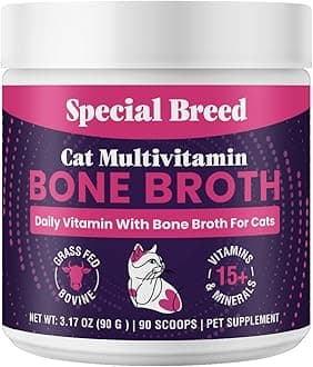 Cat Multivitamin with Grass-Fed Beef Bone Broth โ Daily Supplement for Immune, Joint, Skin, Coat & Gut Health โ Omega 3s, Lysine, Beta Glucan, Vitamins A-E, C, D โ 90 Day Supply โ No Fillers