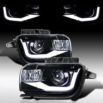 AUTOZENSATION Compatible with 2010-2013 Chevy Camaro, Left + Right Pair Headlamps Assembly, Glossy Black Smoke Projector Headlights w/LED Tube Light Bar