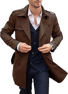 PASLTER Mens Trench Coat Notched Lapel Double Breasted Long Jacket Windbreaker Overcoat Pea Coat