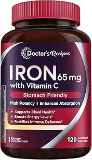 Doctor's Recipes Iron Supplement 65 mg with Vitamin C - Maximized Absorption & Stomach Friendly Iron Pills for Red Blood Cells Formation, Heart, Brain & Immunity Health - Vegan Non-GMO 120 Iron Tabs