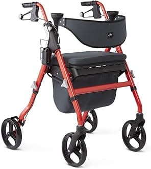 Medline Premium Empower Rollator Walker with Seat, Comfort Handles and Thick Backrest, Folding Walker for Seniors, Microban Protection, 8" Wheels, Red Frame