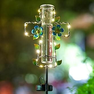 Venniy Solar Rain Gauge Outdoor with LED Lights,7” Glass Tube Rain Gauge Yard Decorative,Cross Rain Guage Freeze Proof for Garden Patio Lawn