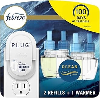 Febreze Plug in Air Freshener, Odor-Fighting Scented Oil Starter Kit, Air Fresheners for Home and Bathroom and Kitchen, Long Lasting for Strong Odors, Ocean Scent, Warmer + 2 Refill