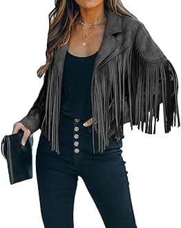 CHARTOU Casual Faux Leather Jacket Women Motorcycle Jacket Fringe Cropped Jacket Utility Tassel Suede Moto Jacket