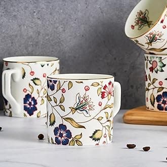 GOLDEN QUEEN'S Tea Cups Set of 6 | Ideal for Everyday Tea and Coffee, Enhancing Your Daily Rituals | Handcrafted & 24K Gold on Rim - Emerald Bloom Ensemble