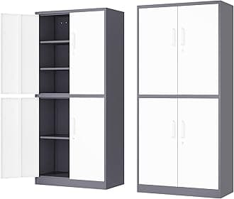 Fesbos 71” Metal Storage Cabinet-Lockable File Cabinet Garage Tool Cabinet with Doors and Shelves-Gray&White Steel Cabinet for Garage-Heavy Duty File Cabinet for Home, Office, Gym, Kitchen, School