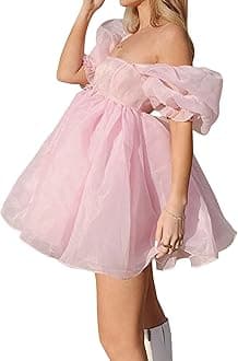 Womens Off-Shoulder Ruffled Fluffy Short-Sleeved Mesh Party Mini Princess Dress
