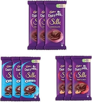 Cadbury Dairy Milk Silk Chocolate Bar, 150 Gram (Pack Of 3) & Dairy Milk Silk Oreo Chocolate Bar, 130 Gram (Pack Of 3) & Dairy Milk Silk Fruit & Nut Chocolate Bar, 137 Gram (Pack Of 3)