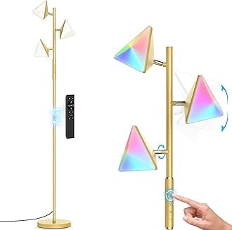 QiMH RGB Floor Lamp for Living Room, 36W LED Standing Light with 3 Lights, Dimmable Smart with Remote & Touch Control, Colors Changing & DIY Mode, Modern Tree Tall for Bedroom, Gold