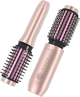 Youbella Cordless Hair Curling Iron Brush, Mini Travel Hot Straightener Comb, 3-in-1 Portable Wave Curling Wand, 1.5″ Ionic Heated Brush, USB Rechargeable Hair Curler, Pink – No Automatic Rotation