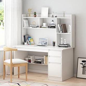 LITFAD Modern Computer Desk Work from Home Desk with Hutch, Bookcase and Integrated Cable Management, Rectangular Wood Office Desk 3 Drawers, White 47" L x 16" W x 56" H