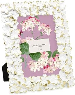 Laura Ashley 4x6 White & Gold Flower Textured Hand-Crafted Resin Picture Frame w/Easel & Hook for Tabletop & Wall Display, Decorative Floral Design Home Décor, Photo Gallery, Art (4x6, White/Gold)