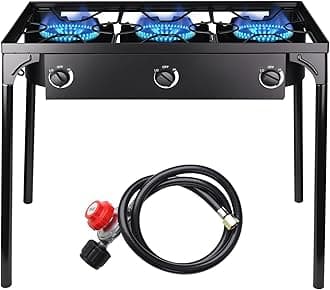 3 Burner Propane Stove Outdoor Gas Stove Portable Propane Burner High Pressure Camp Stove 225,000 BTU Stove Propane with Adjustable PSI Regulator and Detachable Legs for Camping Backyard Cooking