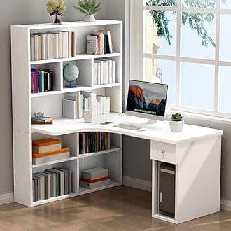 CraftThink Computer Desk with Drawers and Bookshelf, Rustic Wood Corner Desk Writing Desk Table Student Desk Writing Laptop Home Office Desk for Home Office Study,White Color 47" L x 24" W x 29" H