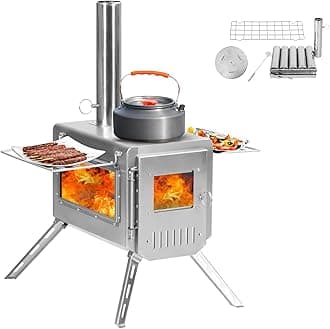 Outdoor Portable Stainless Steel Wood Burning Stove, 22“ Oversize Heating Burner Stove for Tent, Camping, Ice-Fishing, Cookout, Hiking, Travel, Includes Pipe Tent Stove