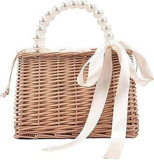 Straw Beach Bags for Women, Fashion Summer Rattan Woven Wicker Tote Bag with Pearl Ornaments Womens Handbag