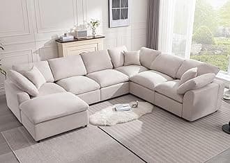 Cloud Couch Modular Sectional Sofa Modern Oversized Couches with Ottoman 7 Seater L-Shaped Sofas Comfy Couches for Living Room Spacious Space Apartment Lounge, Cream