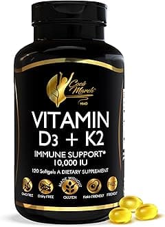 Vitamin D3+K2 10,000 IU - High Potency Supplement for Women & Men, Immune Support, Bone & Joint Health - Gluten-Free, Non-GMO, 4 Month Supply, 250 mcg D3, 180 mcg of Vitamin K2