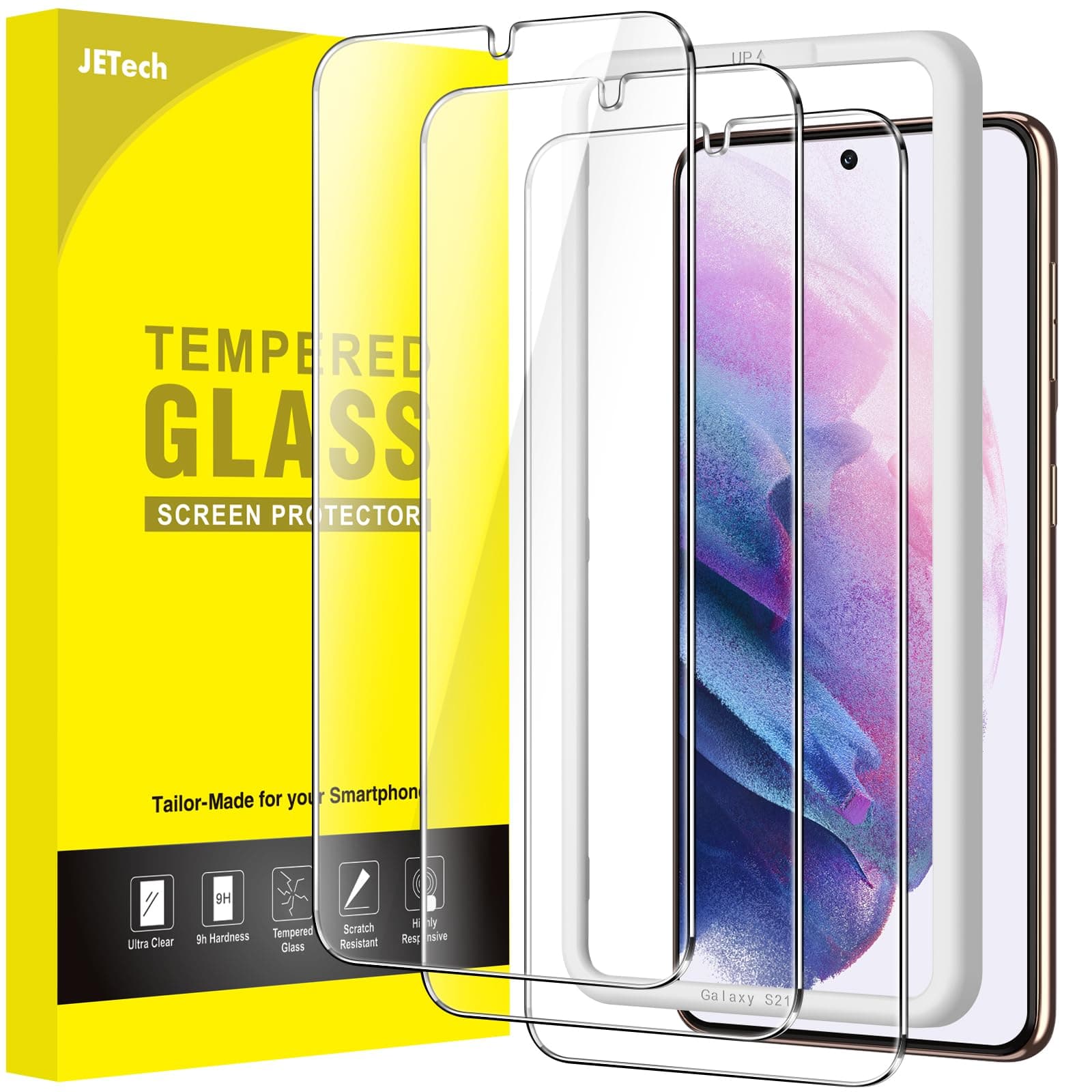 – JETech Screen Protector for Samsung Galaxy S21 5G 6.2-Inch, Tempered Glass Film with Easy Installation Tool, Fingerprint ID Compatible, HD Clear, 3-Pack