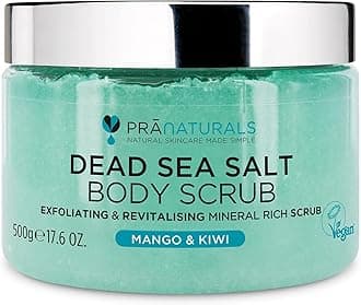 – Dead Sea Salt Body Scrub 500G – Hydrating & Moisturising, Natural Oils & Minerals, Exfoliating, Softening & Nourishing, All Skin Types, No Parabens, Vegan & Cruelty Free (Mango & Kiwi)