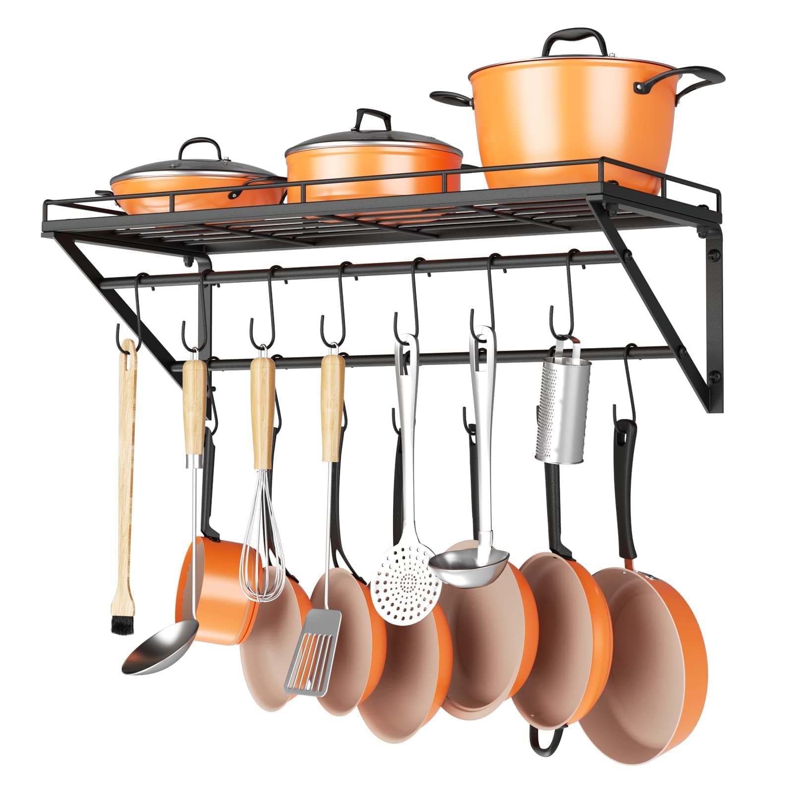 OROPY 31 Inch Wall Mounted Pot Rack Storage Shelf with 2 Tier Hanging Rails 14 S Hooks included, Ideal for Pans, Utensils, Cookware - Black