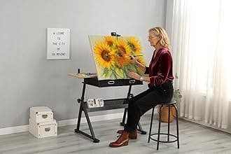 Drafting Table, Adjustable Drawing Desk 0-75° Tilt with Storage, Includes Stool, Ideal Craft Table for Drawing, Sewing, Hobby Use (Black-Wood-1)