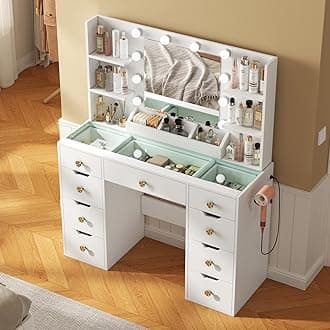 Large Makeup Vanity Desk with Mirror and Light, Modern Glass Top Vanity with Charging Station,9 Drawers,Hairdryer Holder,3 Lighting Modes Brightness Adjustable for Women Bedroom Gift