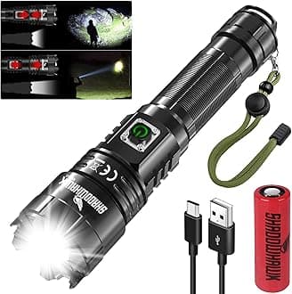 Shadowhawk Torches LED Super Bright, 500000 Lumens Rechargeable LED Torch, USB Flashlight, XHP70.2, IP67 Waterproof, 5 Light Modes Zoomable, for Camping Hiking Emergency