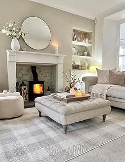 Modern Grey White Checkered Living Room Rug Soft Neutral Non Slip Area Rugs for Bedroom Kitchen Dining Room Floor Hard-Wearing Large 190cm x 280cm