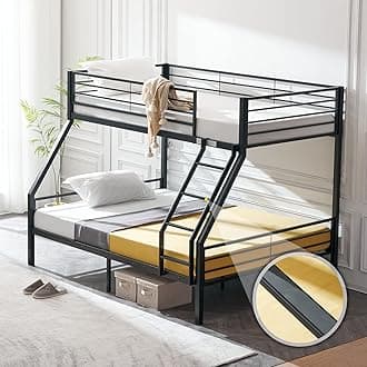 VINGLI Twin Over Full Bunk Bed for Kids/Adults with Stairs Flat Rungs, Heavy Duty Metal Slats, No Box Spring Needed, Black