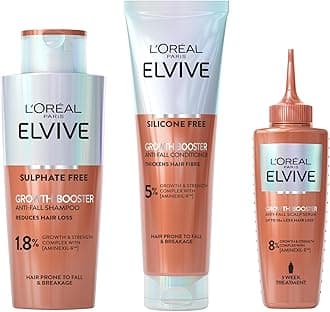 L'Oreal Paris Elvive Growth Booster Set, Anti Hair Loss Shampoo, Conditioner & Serum, Aminexil, Niacinamide & Ginger Extract, Reduces Hair Loss, 200ml, 150ml & 102ml
