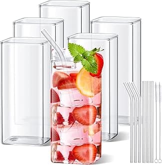 Set of 6 Square Drinking Glasses, Square Glass Cup 13 oz, Modern Highball Glassware Set, Thin Cocktail Glasses with Straws and Straw Brushes for Cocktail Coffee Water Juice Beer Drink Tumbler