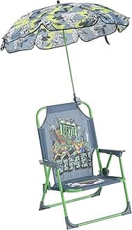 Teenage Mutant Ninja Turtles Kids Outdoor Folding Beach Chair with Umbrella,Portable Camp Chair for Ages 3+, Lightweight & Compact for Beach, Camping, and Backyard
