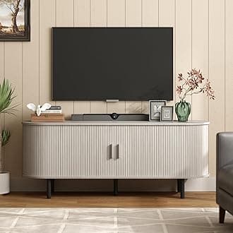ONBRILL 55" TV Stand with Power Outlet for TVs up to 60 Inch, Entertainment Center with Storage and Adjustable Shelves, Modern Media Console with Sliding Doors for Living Room, Natural White
