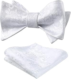 HISDERN White Bow Ties for Men Wedding Pure White Self Tie Bow Tie Classic Jacquard Floral Bowties Silk Woven Bow Tie and Pocket Square Set Business
