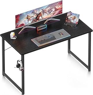 ODK 48 Inches Computer Desk for Small Spaces, Study Table for Home Office, Writing Desk with Headphone Hooks, Black