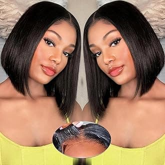 Bob Wear and Go Glueless Wig Human Hair Pre Plucked Pre Cut 4X4 Ready to Wear Glueless Straight Bob Lace Front Wigs For Women HD Transparent Lace Closure Wigs Human Hair Natural Black Color 14 Inch