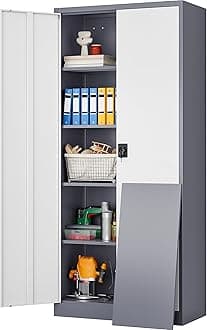 Wide & Deep Metal Storage Cabinet with Shelves,72 inch Tall Garage Storage Cabinet with Lock,Gray White Metal Cabinets with Locking Doors,Large Steel Lockable Cabinets for Home,Office,Shop,Garage