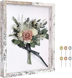 Califortree 8x10 Shadow Box Frame with Soft Linen Back - Metal Push Pins Included, Memory Shadow Box Display Case for Bouquet Awards Medals Wedding Photos and More, Rustic White