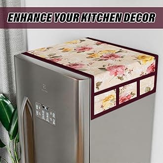 Kuber Industries Fridge Top Cover | PVC Fridge Top Cover | Flower Fridge Top Cover | Refrigerator Cover with 6 Side Pockets | Refrigerator Top Protector | Appliance Cover | Beige