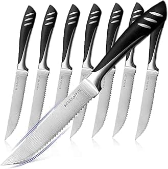 Bellemain Serrated Steak Knife Set | Serrated Knife Set, Black Steak Knives, Dinner Knives | Meat Cutter Knife Set, Sharp Knife for Cutting Meat | Serrated Steak Knives Set of 8