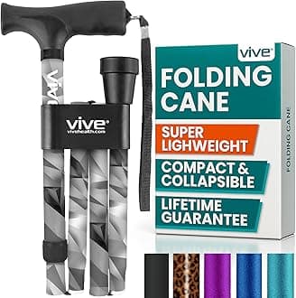 Vive Folding Cane - Foldable Walking Cane for Men, Women - Fold-up, Collapsible, Lightweight, Adjustable, Portable Hand Walking Stick - Balancing Mobility Aid - Sleek, Comfortable T Handles