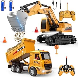 Remote Control Excavator and Dump Truck Toy Set - RC Construction Vehicles Toy with Barricades, Road Signs, Simulated Rocks, Lights and Sounds, Birthday Gifts for Toddlers 3-12 year Boys Girls