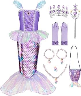 MELAND Mermaid Costume Kids, Princess Costumes for Girls Gift Aged 3-8, Little Mermaid Dress Up for Girls Halloween(XL)